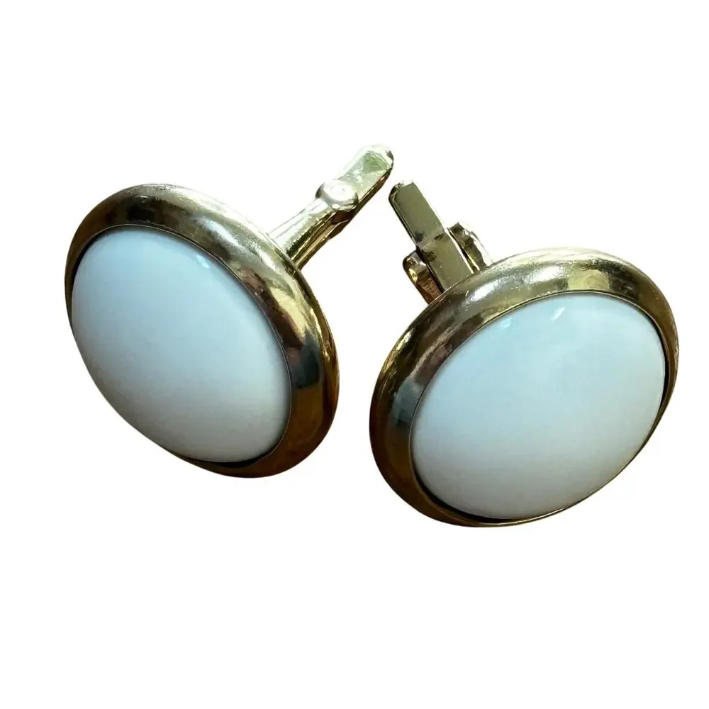Vintage mid century chunky silver & white button style cufflinks rounds classic